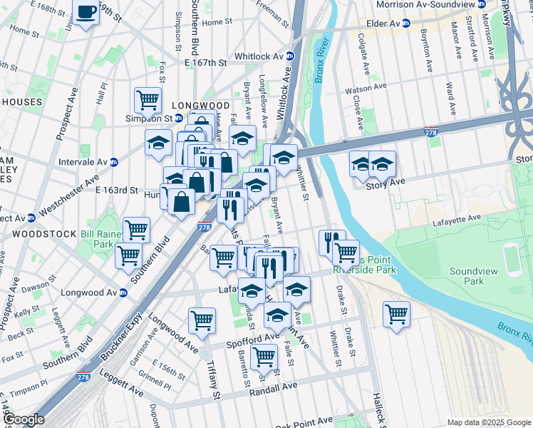 map of restaurants, bars, coffee shops, grocery stores, and more near 887 Bryant Avenue in The Bronx