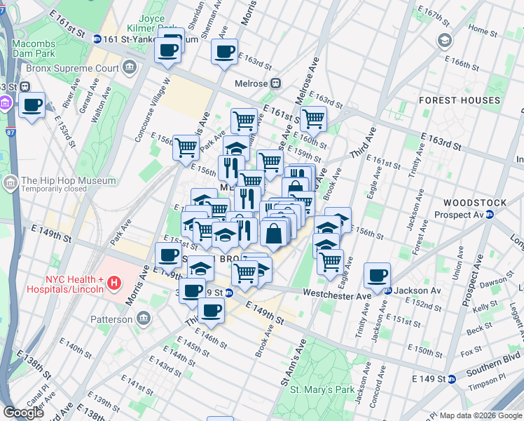 map of restaurants, bars, coffee shops, grocery stores, and more near 413 East 154th Street in Bronx