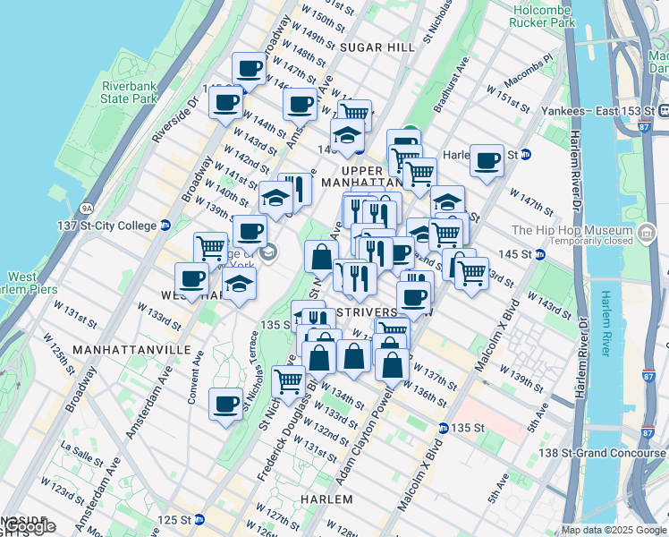 map of restaurants, bars, coffee shops, grocery stores, and more near 317 West 139th Street in New York