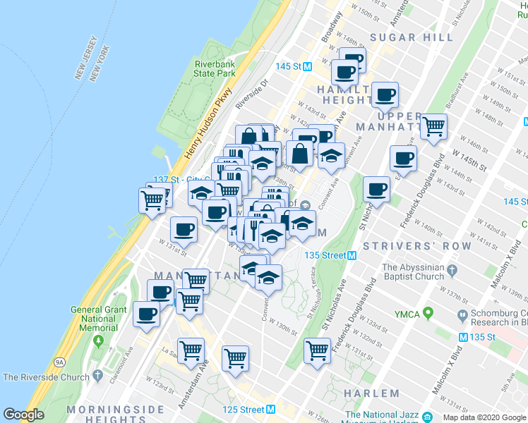 map of restaurants, bars, coffee shops, grocery stores, and more near 511 West 135th Street in New York