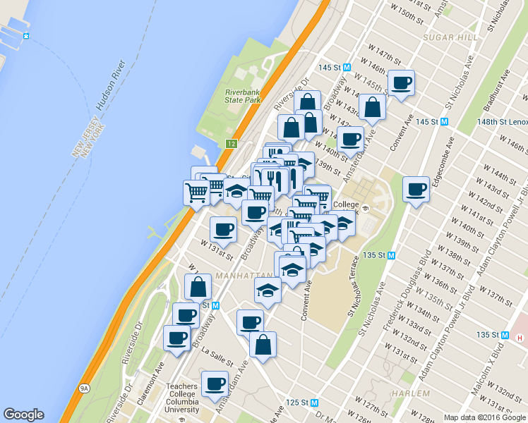 map of restaurants, bars, coffee shops, grocery stores, and more near in New York