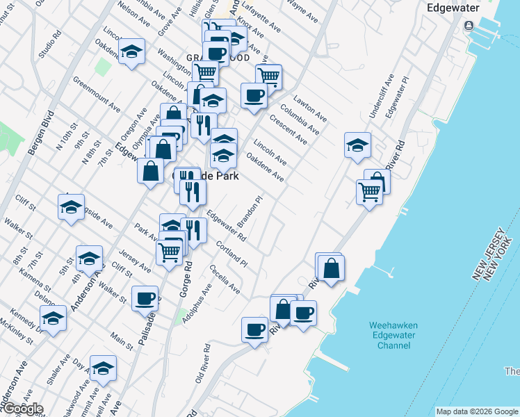 map of restaurants, bars, coffee shops, grocery stores, and more near 537 Longview Place in Cliffside Park