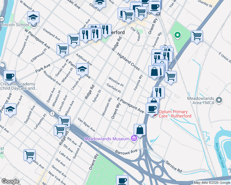 map of restaurants, bars, coffee shops, grocery stores, and more near 246 Orient Way in Rutherford