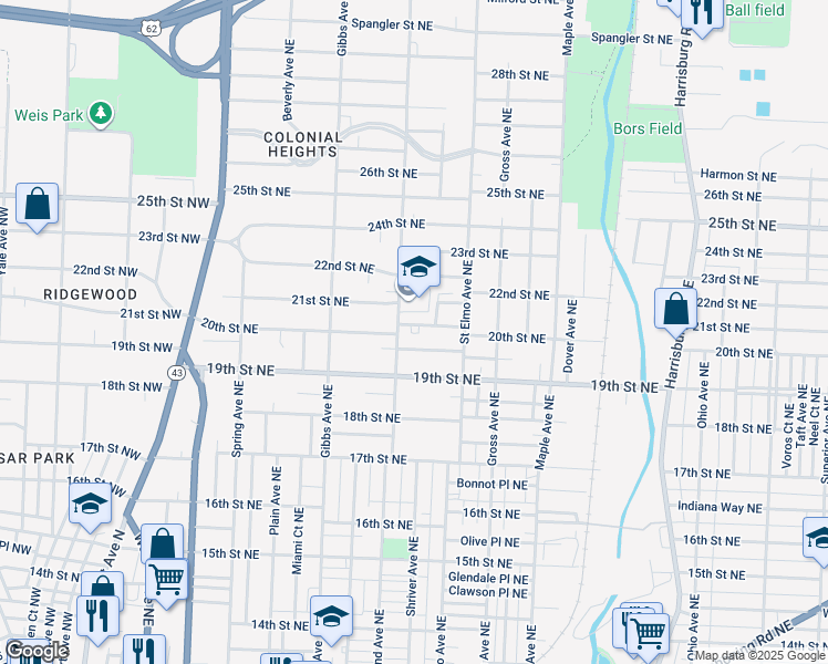 map of restaurants, bars, coffee shops, grocery stores, and more near 1331 Vermont Place Northeast in Canton