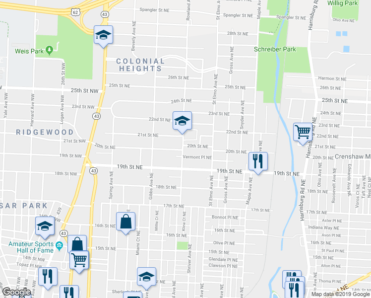 map of restaurants, bars, coffee shops, grocery stores, and more near 1931 Rowland Avenue Northeast in Canton