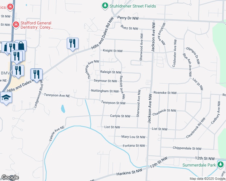 map of restaurants, bars, coffee shops, grocery stores, and more near 2311 Nottingham Street Northwest in Massillon