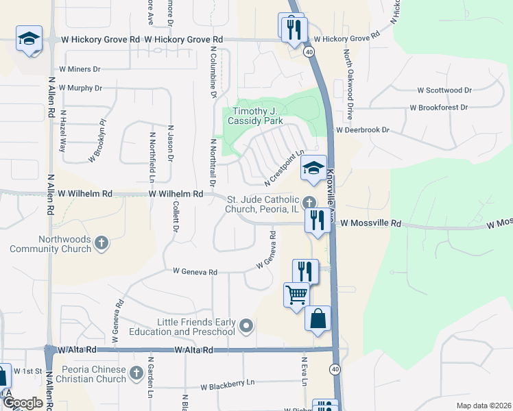 map of restaurants, bars, coffee shops, grocery stores, and more near 1610 West Wilhelm Road in Dunlap
