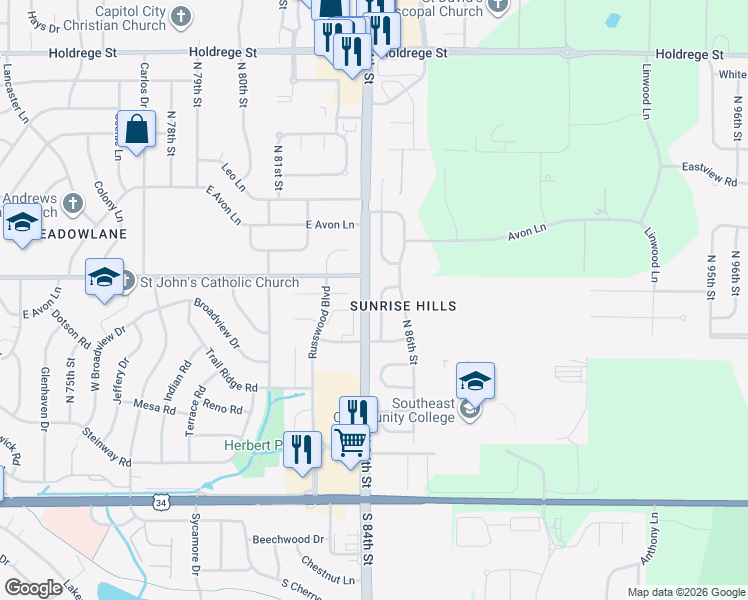 map of restaurants, bars, coffee shops, grocery stores, and more near 633 Sunny Slope Road in Lincoln