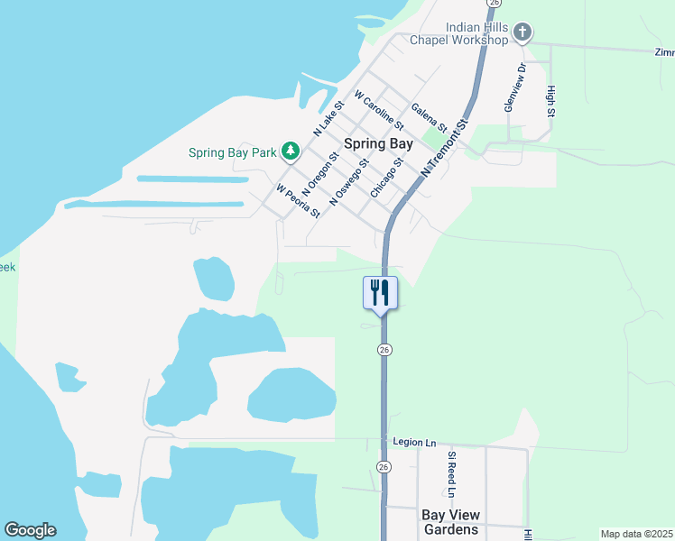 map of restaurants, bars, coffee shops, grocery stores, and more near Spring Bay Road in East Peoria