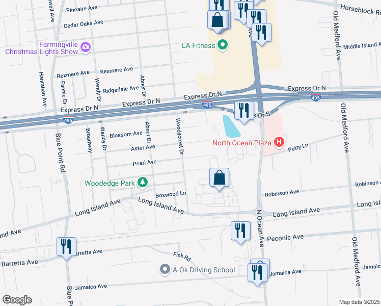 map of restaurants, bars, coffee shops, grocery stores, and more near 60 Pearl Avenue in Holtsville
