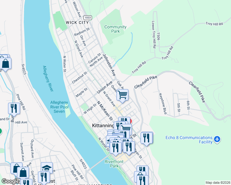 map of restaurants, bars, coffee shops, grocery stores, and more near 476 East High Street in Kittanning
