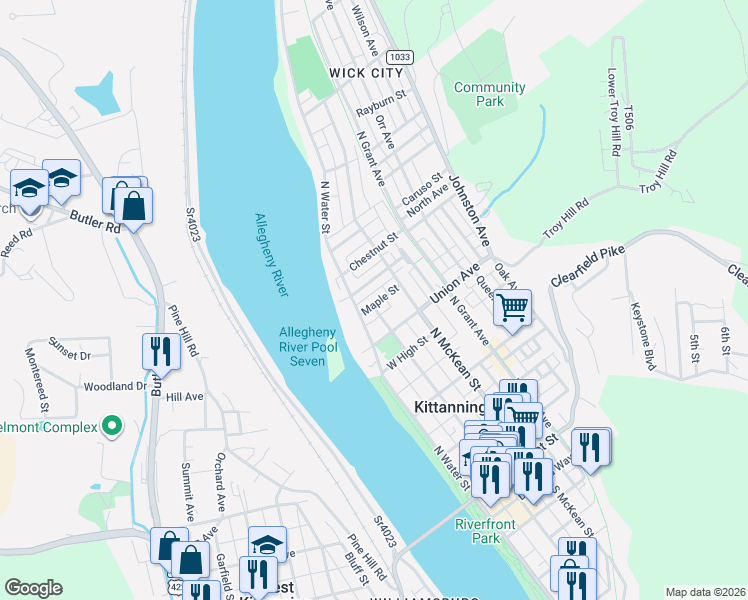 map of restaurants, bars, coffee shops, grocery stores, and more near 203 Maple Street in Kittanning
