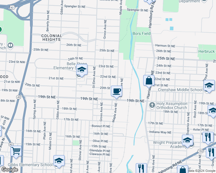 map of restaurants, bars, coffee shops, grocery stores, and more near 1621 20th Street Northeast in Canton