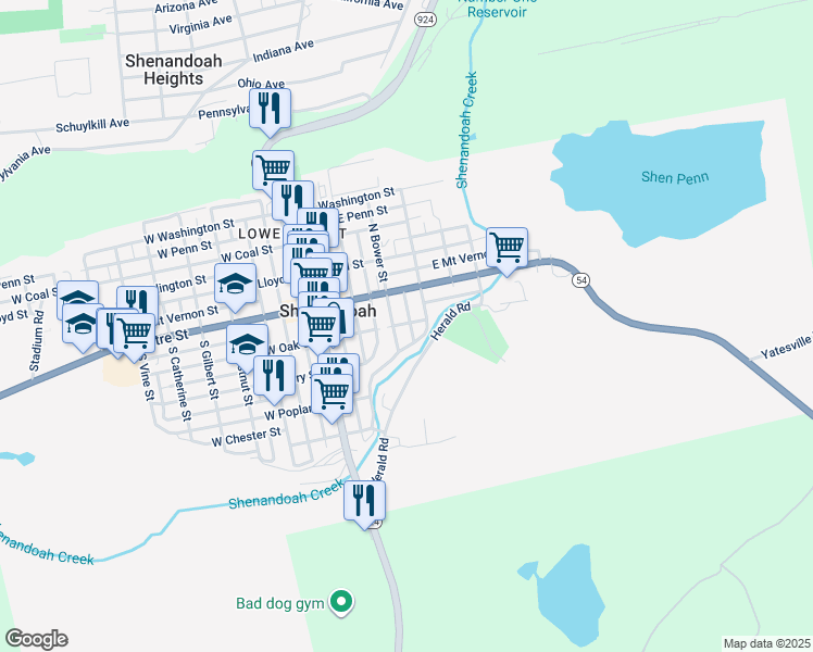 map of restaurants, bars, coffee shops, grocery stores, and more near 214 East Oak Street in Shenandoah