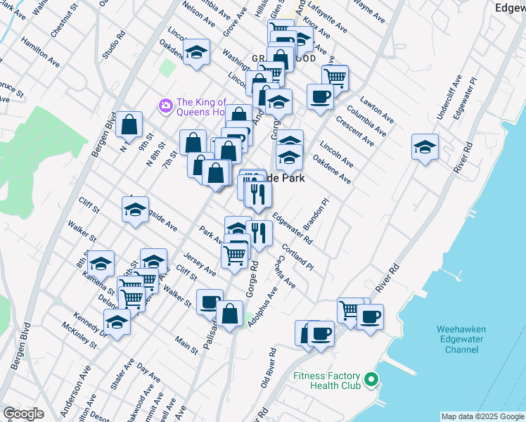 map of restaurants, bars, coffee shops, grocery stores, and more near 180 Edgewater Road in Cliffside Park