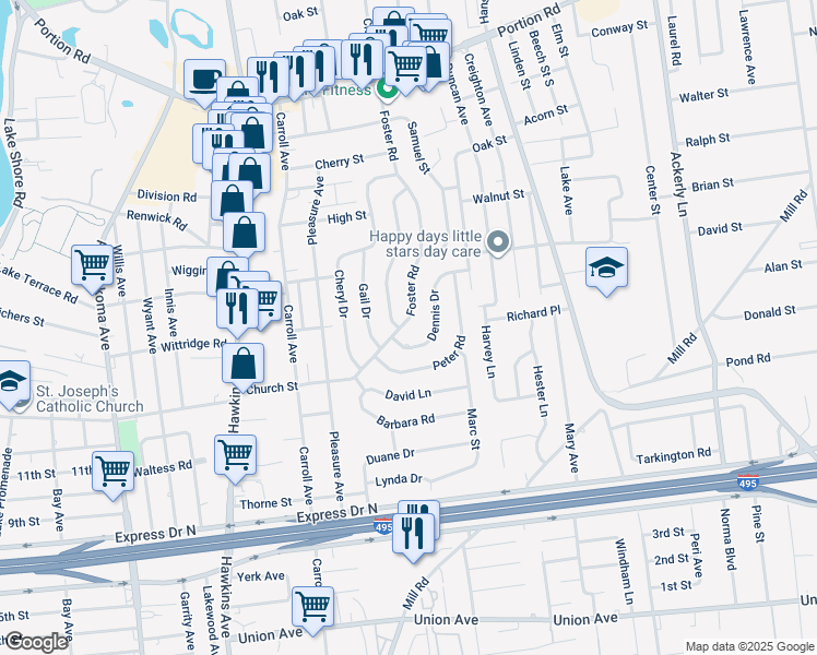 map of restaurants, bars, coffee shops, grocery stores, and more near 6 Dennis Drive in Lake Ronkonkoma