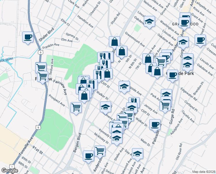 map of restaurants, bars, coffee shops, grocery stores, and more near 454 Cliff Street in Fairview