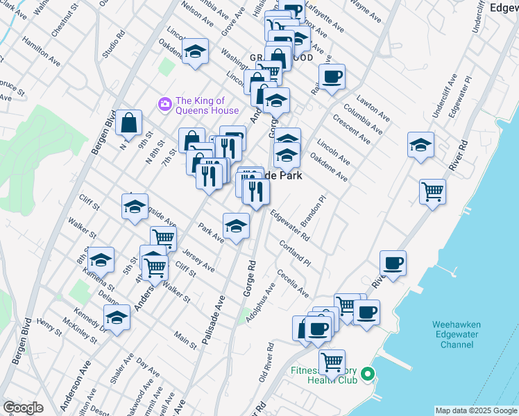 map of restaurants, bars, coffee shops, grocery stores, and more near 180 Edgewater Road in Cliffside Park
