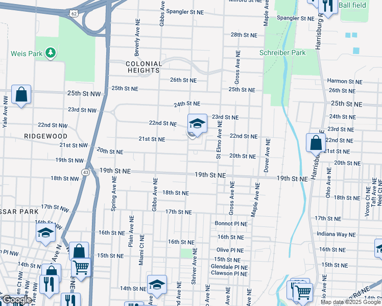 map of restaurants, bars, coffee shops, grocery stores, and more near 1944 Rowland Avenue Northeast in Canton