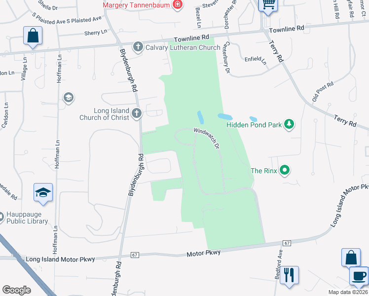 map of restaurants, bars, coffee shops, grocery stores, and more near 9 Windwatch Drive in Hauppauge