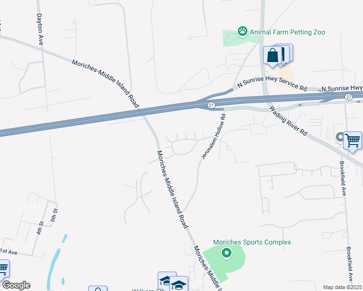 map of restaurants, bars, coffee shops, grocery stores, and more near 20 Mirror Lane in Moriches