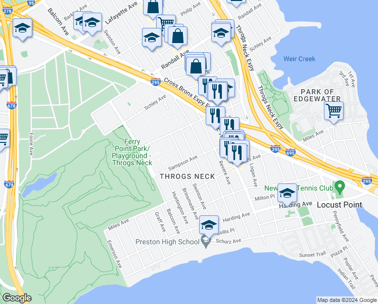 map of restaurants, bars, coffee shops, grocery stores, and more near 415 Quincy Avenue in The Bronx