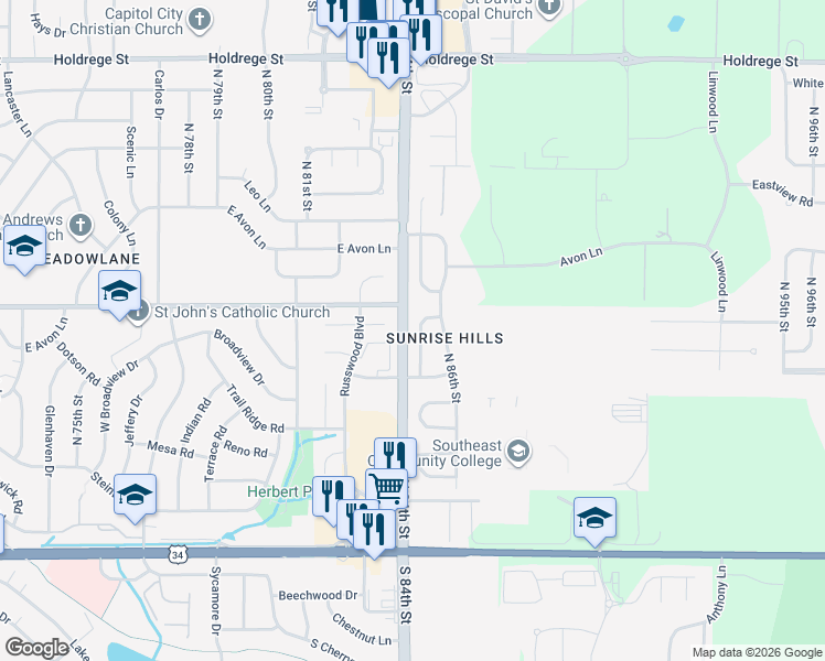 map of restaurants, bars, coffee shops, grocery stores, and more near 633 Sunny Slope Road in Lincoln