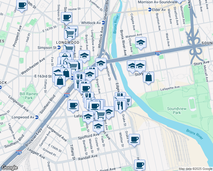 map of restaurants, bars, coffee shops, grocery stores, and more near 1345 Seneca Avenue in Bronx