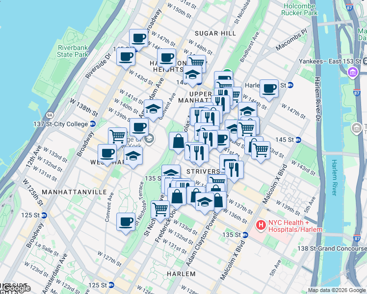 map of restaurants, bars, coffee shops, grocery stores, and more near 317 West 139th Street in New York