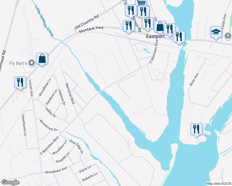 map of restaurants, bars, coffee shops, grocery stores, and more near 1 Seatuck Cove Court in Eastport