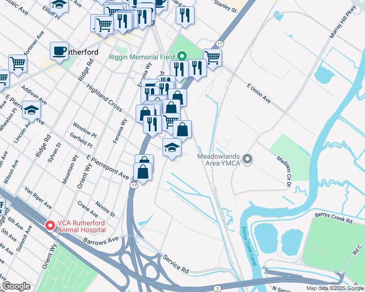 map of restaurants, bars, coffee shops, grocery stores, and more near 280 Highland Cross in Rutherford