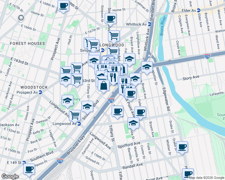 map of restaurants, bars, coffee shops, grocery stores, and more near 985 Bruckner Boulevard in The Bronx