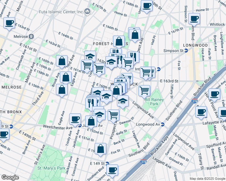 map of restaurants, bars, coffee shops, grocery stores, and more near 800 East 160th Street in Bronx