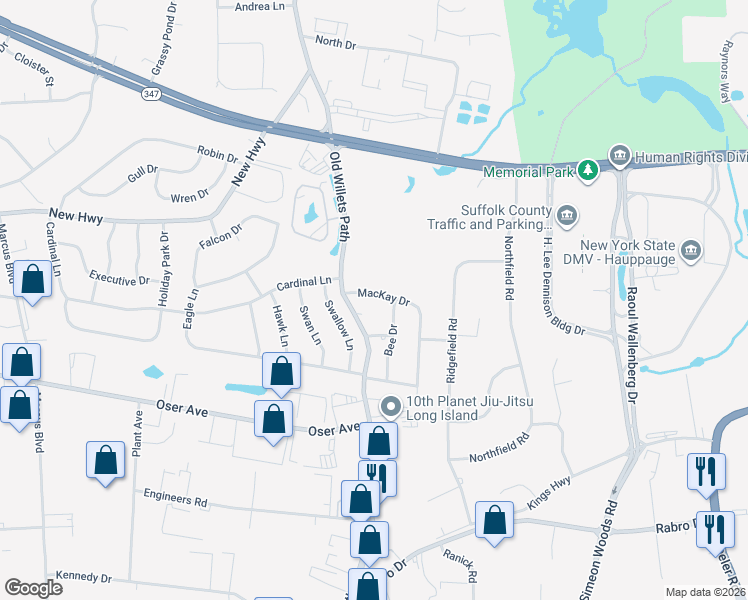 map of restaurants, bars, coffee shops, grocery stores, and more near 425 Old Willets Path in Hauppauge