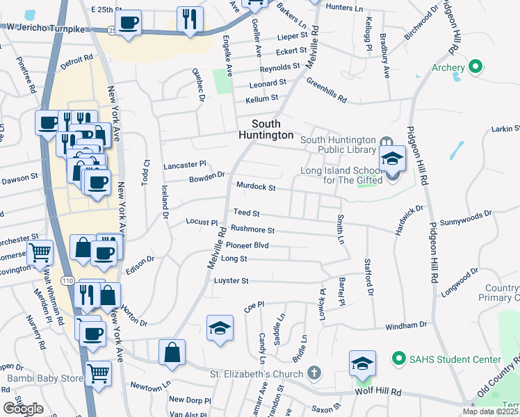map of restaurants, bars, coffee shops, grocery stores, and more near 18 Teed Street in Huntington Station