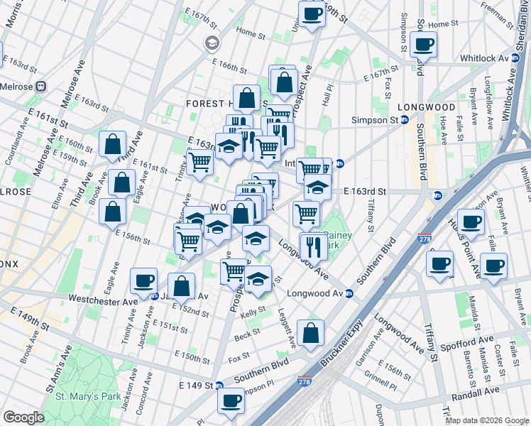 map of restaurants, bars, coffee shops, grocery stores, and more near 821 Prospect Avenue in The Bronx