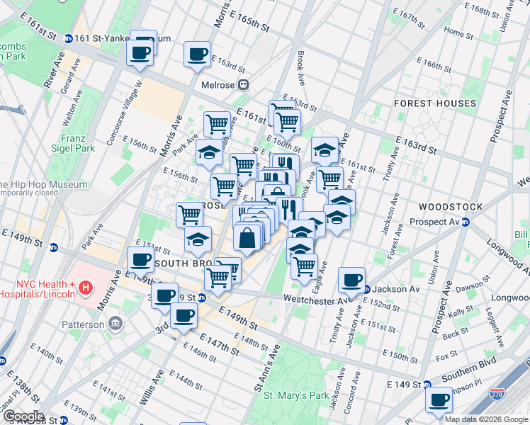 map of restaurants, bars, coffee shops, grocery stores, and more near 464 East 155th Street in The Bronx
