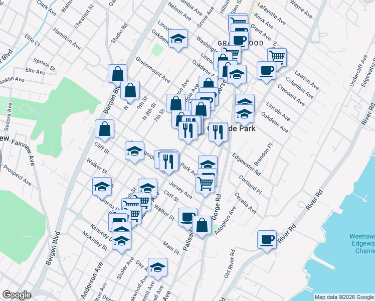 map of restaurants, bars, coffee shops, grocery stores, and more near 410 Anderson Avenue in Cliffside Park
