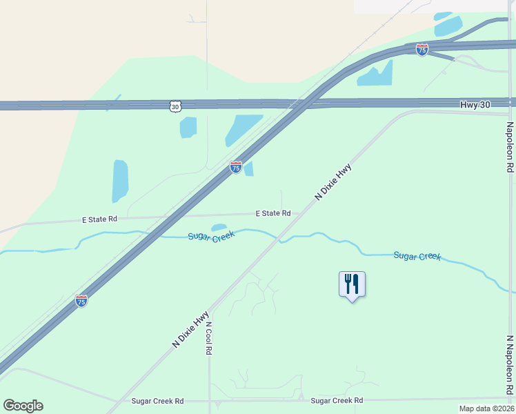 map of restaurants, bars, coffee shops, grocery stores, and more near 6080 E State Rd in Elida
