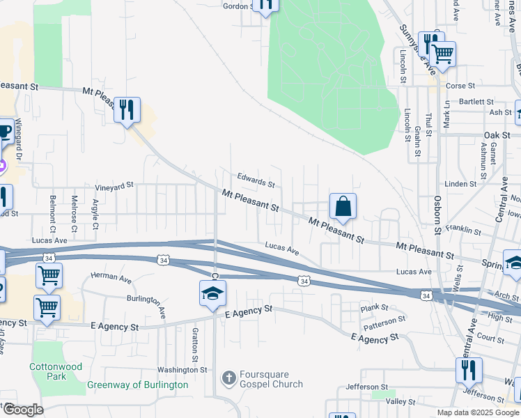 map of restaurants, bars, coffee shops, grocery stores, and more near 914 North Gertrude Street in Burlington