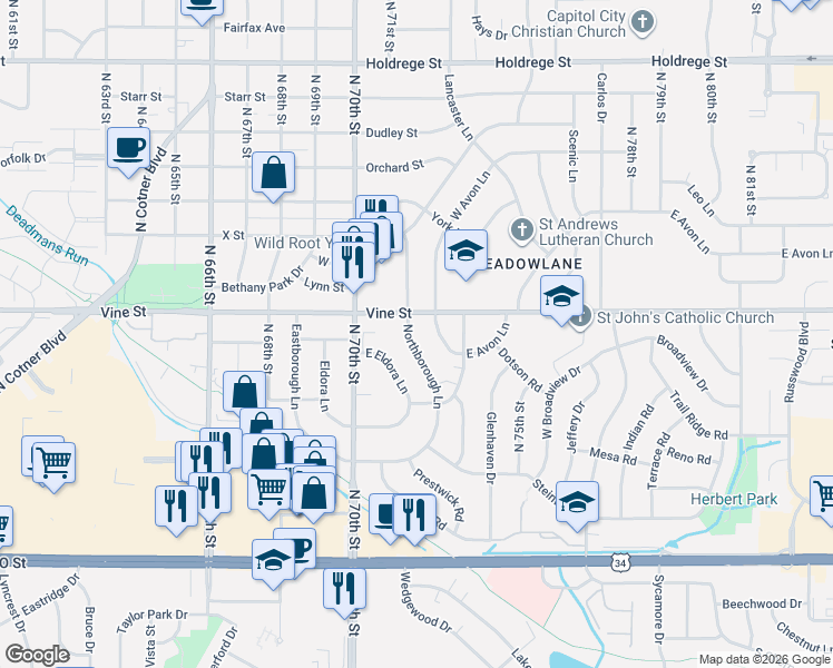 map of restaurants, bars, coffee shops, grocery stores, and more near 700 Northborough Lane in Lincoln