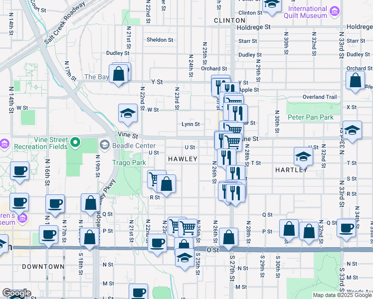 map of restaurants, bars, coffee shops, grocery stores, and more near 601 North 25th Street in Lincoln