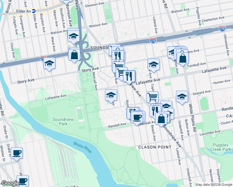 map of restaurants, bars, coffee shops, grocery stores, and more near 729 Noble Avenue in The Bronx