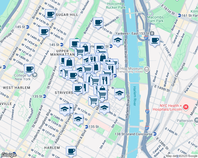 map of restaurants, bars, coffee shops, grocery stores, and more near 153 West 142nd Street in New York