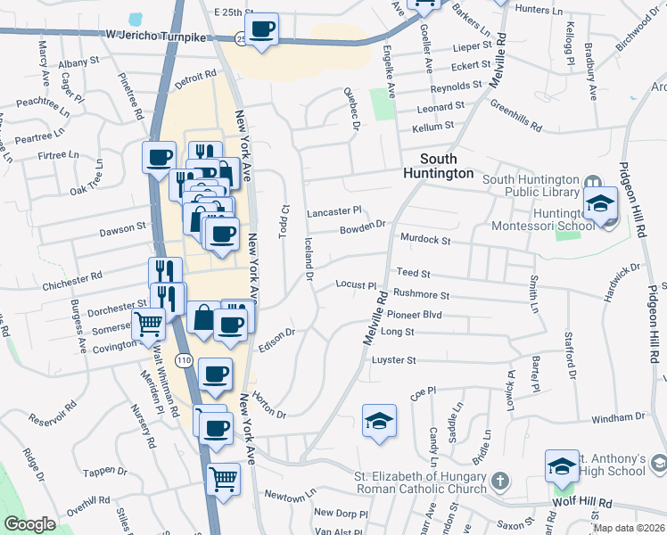 map of restaurants, bars, coffee shops, grocery stores, and more near 164 Iceland Drive in Huntington Station