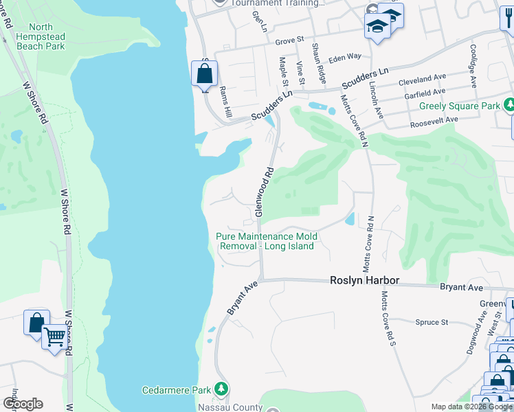 map of restaurants, bars, coffee shops, grocery stores, and more near 48 Glenwood Road in Roslyn