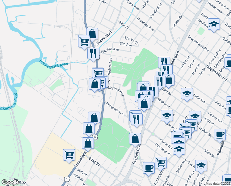 map of restaurants, bars, coffee shops, grocery stores, and more near 189 Maple Street in Fairview