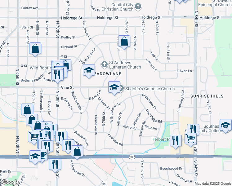 map of restaurants, bars, coffee shops, grocery stores, and more near 7601 Vine Street in Lincoln