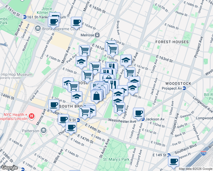 map of restaurants, bars, coffee shops, grocery stores, and more near 464 East 155th Street in The Bronx