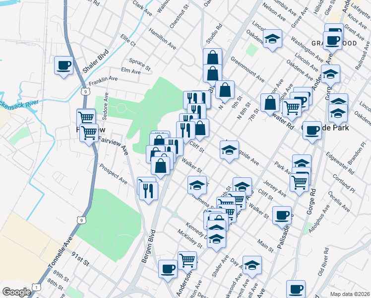 map of restaurants, bars, coffee shops, grocery stores, and more near 481 Walker Street in Fairview